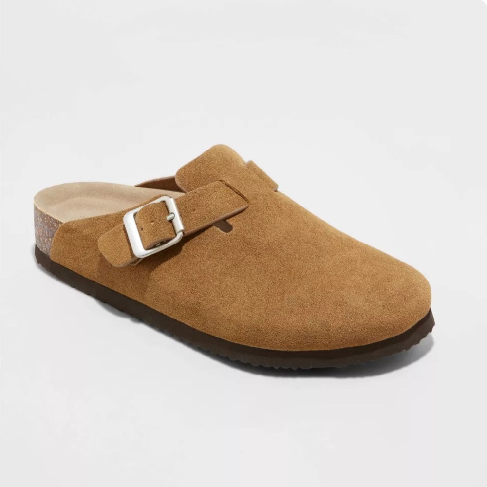 Khaki Suede Slip-On Clogs with Buckle
